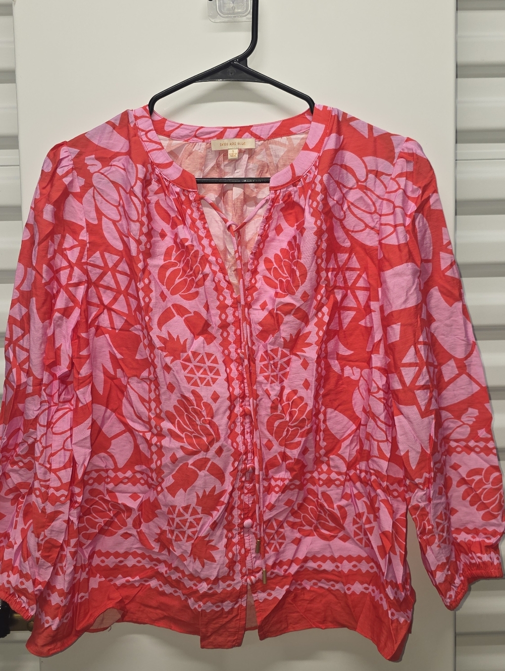 Skies Are Blue Pink & Red Floral Tie-Neck Blouse Bohemian Cottagecore Size S